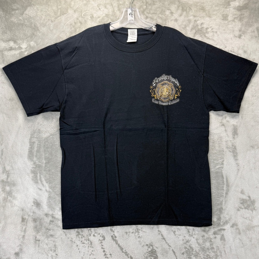 Gildan Brotherhood Firefighter Saint Florian Black Graphic T-Shirt Mens Large
